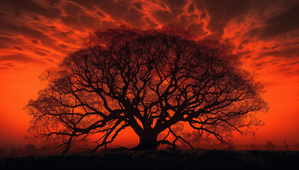 Silhouette of acacia tree back lit at dusk generated by AI