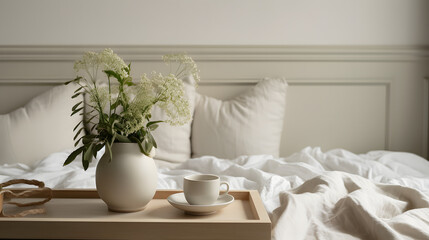 Breakfast in bed. Cup of coffee, wicker tray. Green bouquet of white viburnum, fern and solomons seal flowers. Modern boho night stand. Bedroom view. Beige pillows, linen blanket. Elegant moulding.