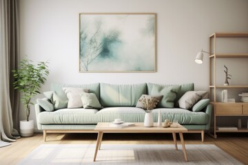 Scandinavian living room with design mint sofa. Generative ai. 