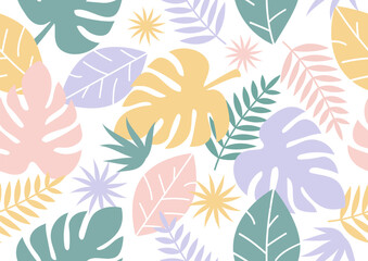 Colorful tropical leaves and flowers poster background vector illustration. 