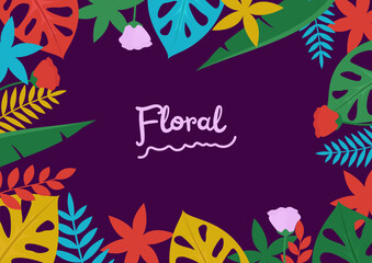 Colorful tropical leaves and flowers poster background vector illustration. 