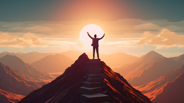 Business success concept with businessman on top of mountain, illustration