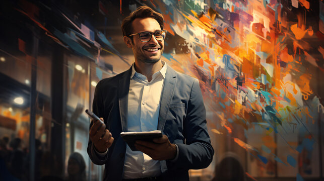 businessman standing smilling and holding a tablo in painting style