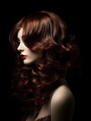 Fototapeta premium Beautiful woman with long curly hair and red lips isolated on black background. Side view