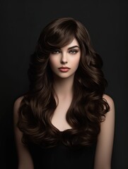 Fototapeta premium Portrait of a beautiful woman with long brown curly hair over black background