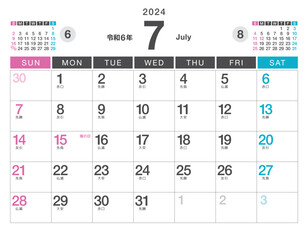 2024年【令和6年】7月のカレンダー（祝日・六曜付き）
