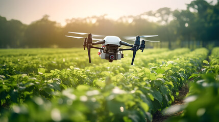 drone flying over the green field agriculture created with Generative AI 
