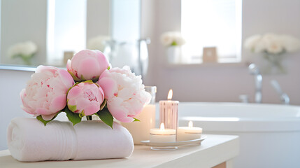 Fototapeta na wymiar pink rose and white towel in a bathroom created with Generative AI 