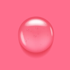 Transparent serum pink salmon gel drop. Oil textured liqud skin or hair care beauty prodict swatch. 3d clear face cream. Macro top view closeup of round puddle smudge in laboratory