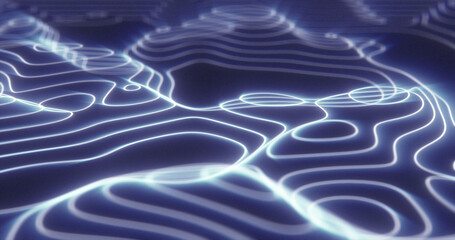 Abstract blue futuristic hi-tech landscape with mountains and canyons from glowing energy circles and magic lines background