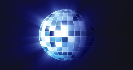 Fototapeta na wymiar Abstract blue mirrored spinning round disco ball for discos and dances in nightclubs 80s, 90s luminous background