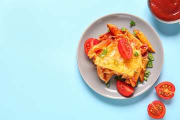 Plate of pasta with tomato sauce and cheese on blue background