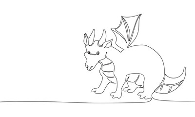 Continuous one line drawing cute little dragon. Vector illustration dragon concept line art, outline silhouette.