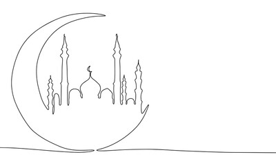Continuous one line drawing mosque. Vector illustration religion concept line art, outline silhouette.