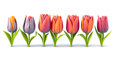 Seamless Row Of  Colorful Tulips flower, Set Of Isolated Spring Flowers. Blooming Flowers, Leaves For Festive Design, white background. Happy Easter Tulip Design Card. 