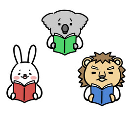 本を読む動物のキャラクターたち