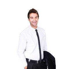 Business, man and happy in portrait with leadership in png or isolated and transparent background with consultant. Smile, success and professional male with formal clothes for leader at company.