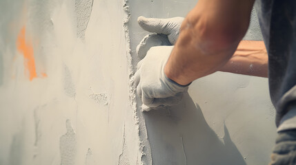 closeup hand of worker plastering cement at wall for building house