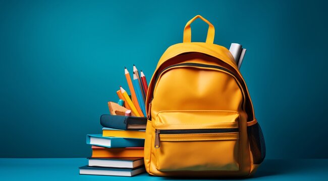 Backpack filled with school supplies. Back to school concept.