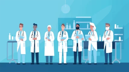 Tuinposter vector illustration group doctors hospital communication making scientific experiments diverse medical workers blue background flat banner . © VECTOR SKY