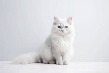 white cat on a plain light gray background, space for text, AI generated