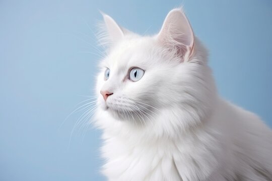 white cat on a plain light blue background, space for text, AI generated