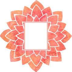 Frame with silhouette of red stylized lotus flower, oriental floral mandala pattern and a white box for text in the center, for background decoration and design of cards,