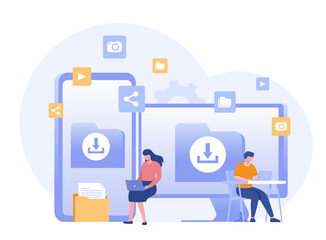 Download file document, transfer file, save file, storage, digital file, send and sharing, flat vector banner for landing page website