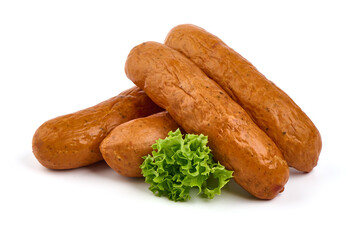 Smoked German Sausages, isolated on white background.