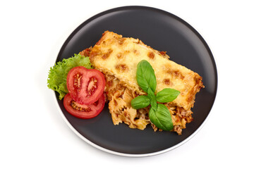 Traditional Homemade Italian Lasagna, isolated on white background.