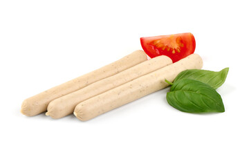 Thin white sausages, isolated on white background.