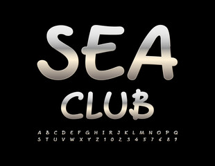 Vector Metallic Emblem Sea Club. Funny Silver Font. Modern Steel Alphabet Letters and Numbers set