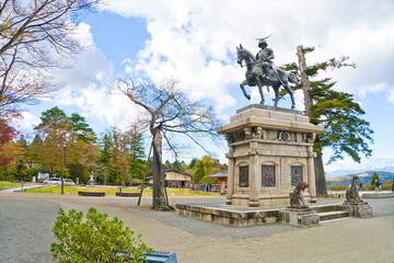 Statue of Masamune Date (the lord of Tohoku region in the Sengoku era) in Sendai castle park (or Aoba castle) on Mount Aoba, Sendai city.