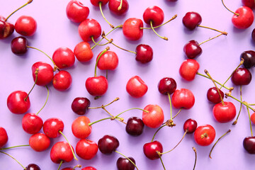 Fototapeta na wymiar Many sweet cherries on lilac background
