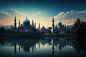 Fototapeta na wymiar Eid al adha mubarak islamic festival celebration with mosque. Generative AI