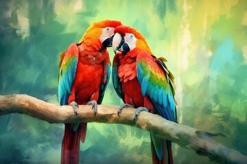 Obraz premium Couple of vibrant and colorful macaws. Generative AI