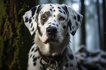 Beautiful Dalmatian dog in a snowy forest. Generative AI