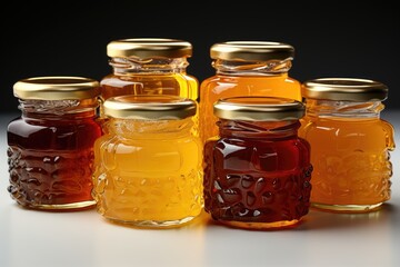 Honey of various types in glass jars. Generative AI