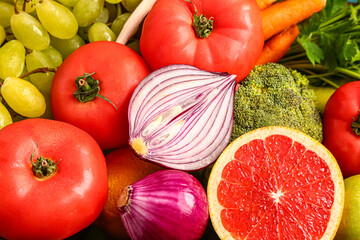 Texture of different fresh fruits and vegetables as background
