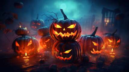 Scary halloween pumpkins, with dark blue background 