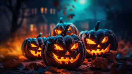 Obraz premium Scary halloween pumpkins, with dark blue background 