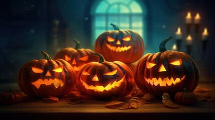 Scary halloween pumpkins, with dark blue background 