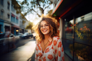 Fototapeta premium AI generated image of happy woman outdoor