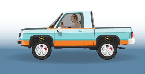 Concept vector illustration of detailed side of a flat pick up car. Can see inside with old man drinving car. Guardian blue and white background.