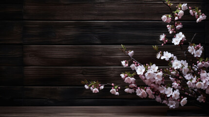 Fototapeta na wymiar Pink blossoms on top of a dark wooden background 