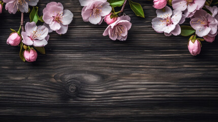 Obraz na płótnie Canvas Pink blossoms on top of a dark wooden background 