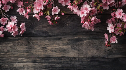 Fototapeta na wymiar Pink blossoms on top of a dark wooden background 