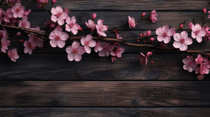 Naklejka na ściany i meble Pink blossoms on top of a dark wooden background 