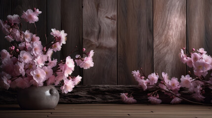 Pink blossoms on top of a dark wooden background 