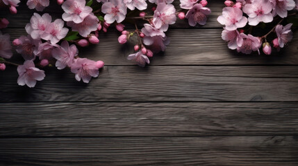 Naklejka na ściany i meble Pink blossoms on top of a dark wooden background 